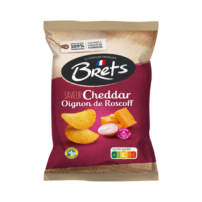 CHIPS BRET'S CHEDDAR OIGNON DE ROSCOFF 125G X 10 – Chips Saveur Cheddar et Oignon de Roscoff en Carton Grossiste Snack Apéritif