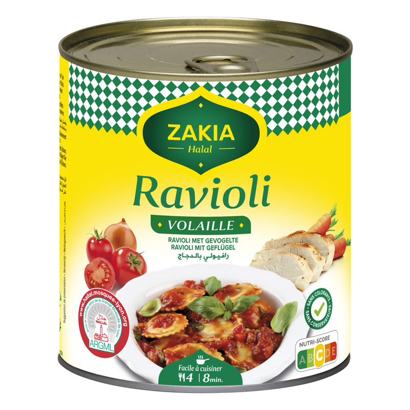 ZAKIA Ravioli Volaille Mosquée de Lyon 800g x 12 – Carton de 12 | Raviolis à la Volaille